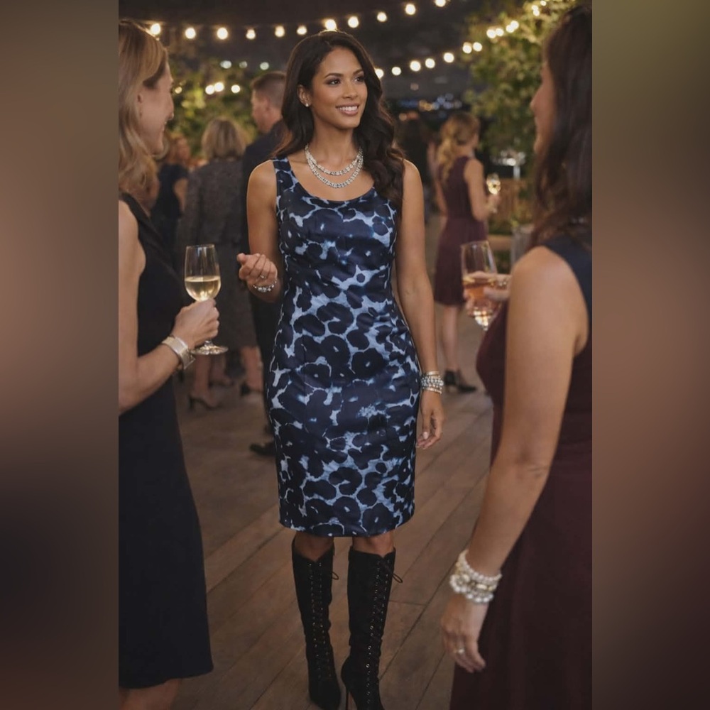 NWT. Size 8T. Ann Taylor Blue & Black Leopard Print Sleeveless Sheath Midi Dress - Picture 2 of 13